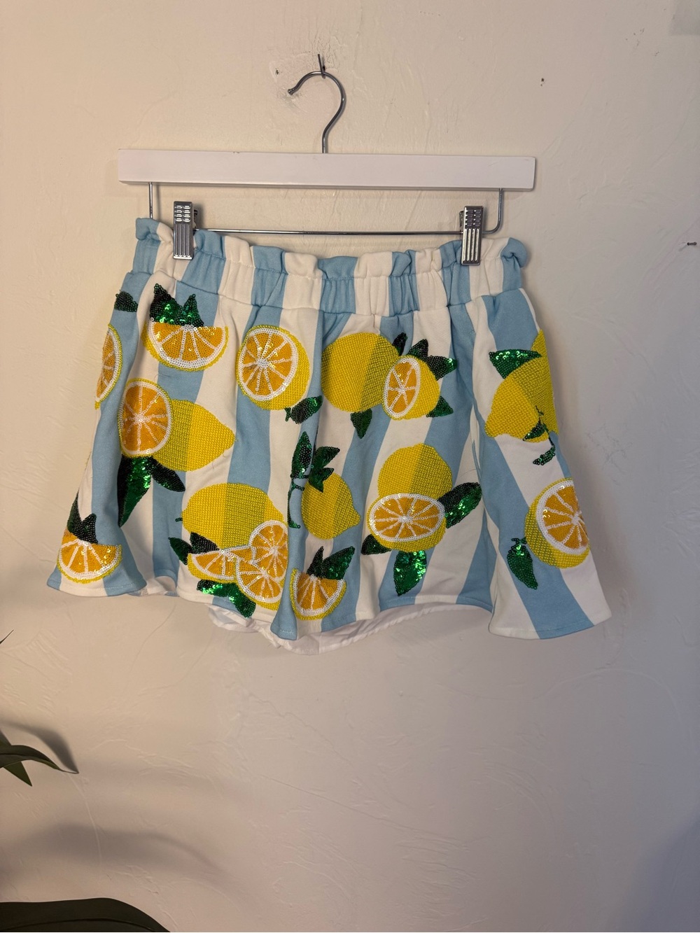 Queen of Sparkles Blue Stripe Lemon Sequin Skort Size Small NWT